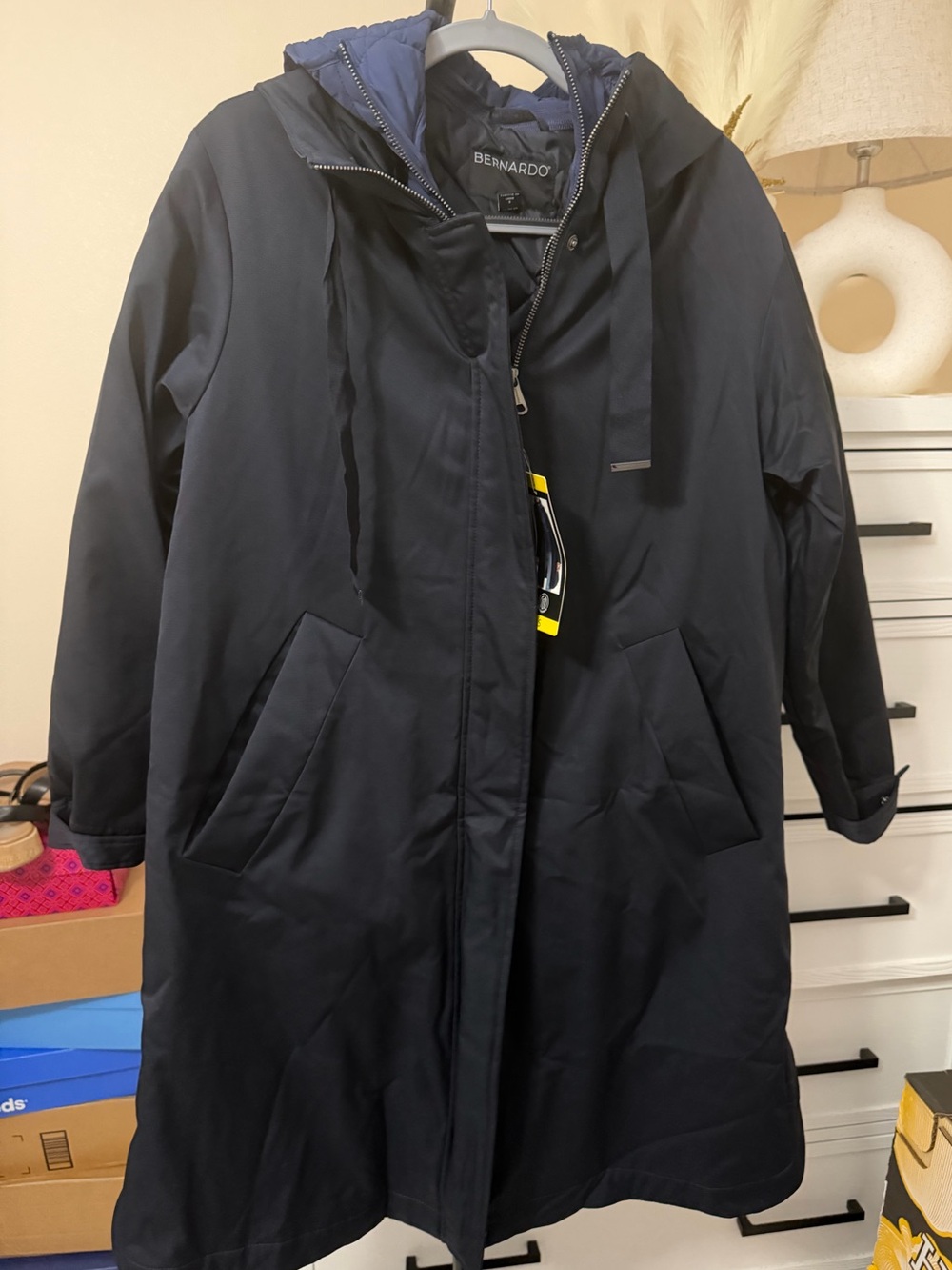 NWT Bernardo Women's Navy 3-in-1 Hooded Long Raincoat with Removable Puffer Jack